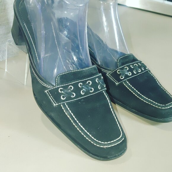 Coach Black Leather Size 7.5 Block Heels Slip On Mules Loafers Iris Suede Square - Picture 7 of 14